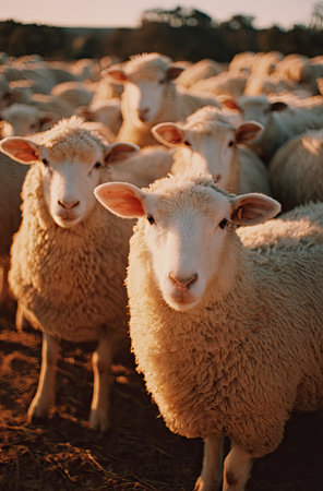 This image showcases a flock of sheep, featuring several in sharp focus. The scene presents a warm, golden color palette with sunlight adding depth to the woolly textures. Suitable for commercial projects or editorial content, the image could illustrate concepts of agriculture or livestock.の素材