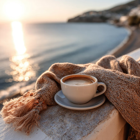 A ceramic coffee cup with beverage sits atop a folded blanket overlooking an ocean. The scene is illuminated by warm sunlight with a blurred background. The composition suggests relaxation with natural tones. It is suitable for commercial uses such as marketing and lifestyle editorial content.の素材