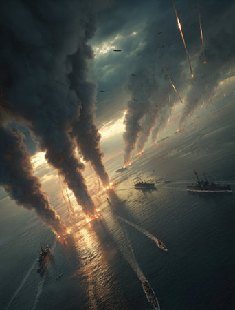 An intense scene depicts a conflict over water, featuring dark smoke plumes and explosions. The image showcases dramatic lighting with bursts of light reflecting on the water. Suitable for illustrating warfare, environmental themes, or disaster scenarios. This imagery may be used for editorial or commercial purposes.の素材