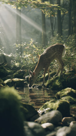 A deer bends to drink from a stream in a sun-dappled forest. The image shows a natural scene with lush green foliage and rocky terrain. The overhead lighting creates dramatic shadows. This image could be suitable for environmental or nature-related projects, offering visual content for various applications.の素材