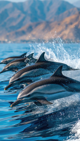 A group of dolphins is seen leaping through ocean waves, creating splashes of water. The scene features the marine animals in a dynamic composition, with their streamlined bodies and natural colors contrasting against the blue water. The photograph suggests concepts such as wildlife and aquatic life, suitable for editorial and commercial applications.の素材
