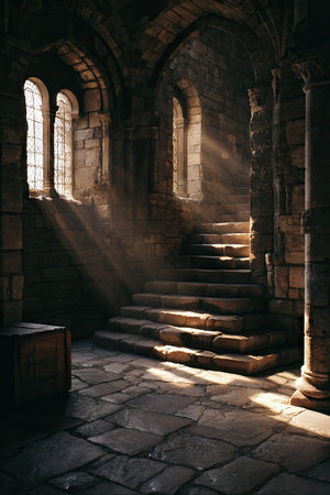 An interior shot features a stone staircase bathed in sunlight streaming through arched windows. The scene showcases aged stone architecture with detailed textures and shadows. The composition and lighting create a sense of mystery. This image could be suitable for architectural, historical, or conceptual projects.の素材
