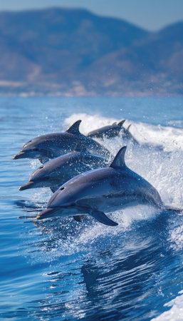 Several dolphins are shown jumping through the waves of the ocean on a bright day. The image displays shades of blue from the water and sky, with a background of mountains. Suitable for commercial or editorial projects, the image conveys energy and movement.の素材