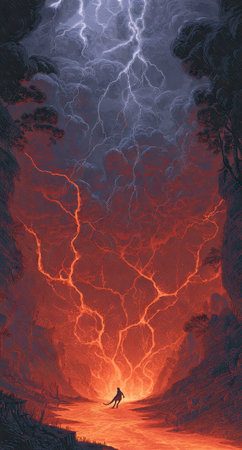 An intense visual depicts a lightning storm above a red, fiery landscape. A silhouette stands in the foreground, facing the storm. The image features a vibrant color palette, contrasted by dark clouds. The style is dramatic and the composition is vertical. This image can be used for editorial and commercial projects.の素材