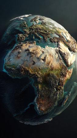 A detailed 3D rendering presents Earth as a globe, highlighting landmasses and oceans in a realistic manner. The composition features a complex interplay of textures and colors, suggesting geographical features with lighting effects. This artwork could be used in various commercial projects, illustrating themes of environment or global concepts.の素材