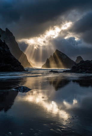A stunning scene showcases rocky formations reflected in tranquil waters. Overhead sunlight streams through a break in dark clouds, creating a dramatic interplay of light and shadow. The composition highlights textures and colors within a natural environment, suitable for various editorial and commercial applications.の素材