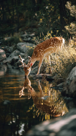 A deer drinks from a body of water in a natural setting. The image displays the animal with brown and white spots. The composition highlights the reflection of the deer in the water. The scene benefits from natural sunlight. Suitable for editorial and commercial applications.の素材