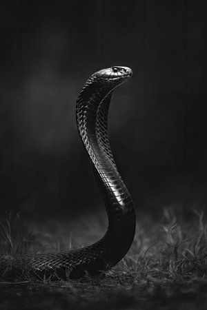 A monochrome photograph presents a cobra poised, its form illuminated against a dark backdrop. The snake's scales exhibit texture, while its head is raised. The stark lighting enhances contrast, suggesting a dramatic setting, possibly in nature. Suitable for editorial and commercial applications focusing on wildlife.の素材