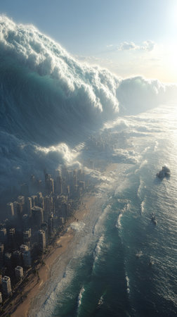 An aerial perspective showcases a massive ocean wave cresting over a coastal city. The image highlights the interplay of light and shadow, emphasizing the wave's power. The scene features buildings along the shoreline, suggesting a coastal setting, with potential applications for environmental or disaster-related themes.の素材