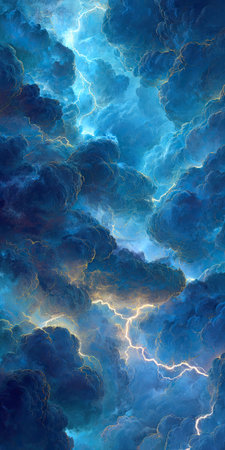 A stunning visual of dark, textured clouds interwoven with brilliant, electric blue tones. Lightning bolts flash across the composition, creating dynamic contrast. The scene, suggesting a tempestuous environment, offers visual appeal suitable for weather-related content or abstract design applications.の素材