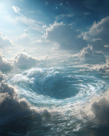 An artistic depiction presents a water vortex amidst a cloudy sky. The imagery showcases a dynamic composition with swirling water against a backdrop of soft, fluffy clouds. This dramatic visual, with its blend of light and shadow, could be suitable for various creative or editorial projects, promoting themes of nature and power.の素材