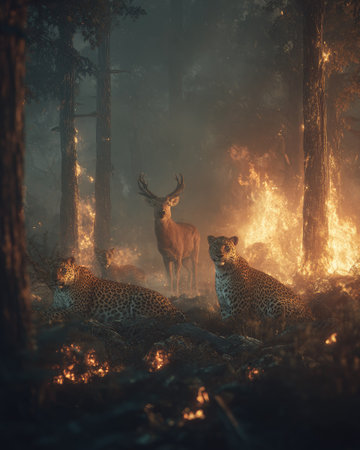 A striking visual portrays a deer and two cheetahs within a forest engulfed in fire. The scene is illuminated by intense orange and yellow flames, with detailed textures creating a dramatic atmosphere. This image could be used in various commercial or editorial contexts, showcasing nature, survival, or environmental themes.の素材