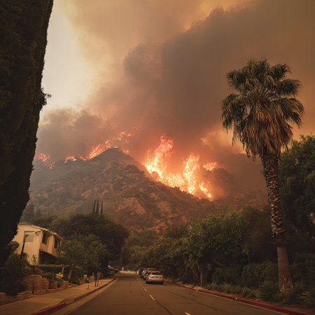 An intense wildfire dominates the landscape, with flames consuming trees and a hillside. The image exhibits warm colors and a dynamic composition. Dense smoke fills the sky, creating a dramatic atmosphere. This scene is suitable for illustrating environmental issues and news reports.の素材