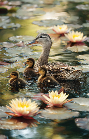 A duck with its ducklings swims peacefully in a pond surrounded by lily pads and flowers. The image exhibits natural tones, and the duck family is the primary focus. Soft sunlight enhances the scene. This image could be used for various commercial projects related to nature, wildlife, or environmental themes.の素材