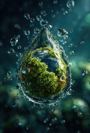 A close-up captures a water drop encasing a miniature landscape, featuring lush green vegetation and blue hues. Transparent bubbles surround the central form. The style is detailed and vibrant, with a focus on texture and light refraction. This image is suitable for environmental themes and illustrative purposes.の素材