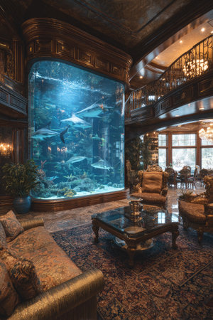 A luxurious interior showcases a grand aquarium filled with aquatic life. The scene is illuminated by ambient lighting, highlighting the rich textures of the furnishings and architectural details. It is a visually captivating representation of design and aquatic life, suitable for editorial and commercial applications.の素材