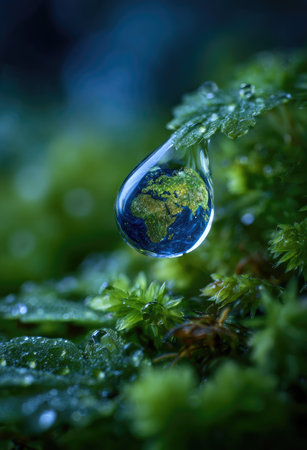A close-up image presents a water droplet reflecting the Earth. The droplet sits on vibrant green foliage with a blurred background. The scene is illuminated by soft light, giving a feeling of freshness. Suitable for environmental themes, it has potential use in various media projects.の素材