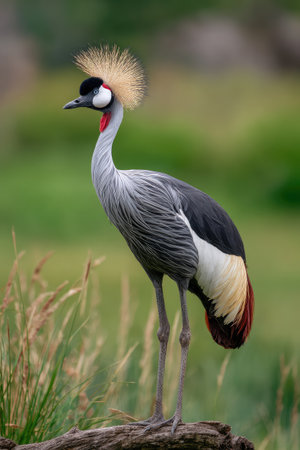A close-up image showcases a striking crowned crane, distinguished by its unique golden crest and vibrant plumage. The bird stands tall, its posture suggesting alertness, set against a soft green backdrop. The image utilizes natural lighting, emphasizing textures and colors, suitable for environmental or wildlife-themed projects.の素材