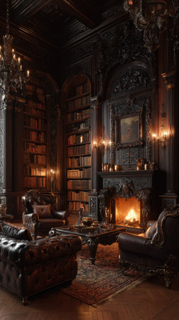 This image showcases a lavish library interior featuring a fireplace, bookshelves, and comfortable seating. The scene is bathed in warm light from candles and a fireplace, creating a cozy and inviting atmosphere. The composition emphasizes the dark wood furnishings, offering a sense of history. Suitable for illustrating literature, design, or historical themes.の素材