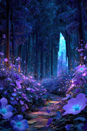 An ethereal forest scene presents a pathway leading towards a glowing, crystalline structure. The composition highlights a rich palette of blues and purples, complemented by radiant flowers and ambient lighting. The artwork evokes a sense of mystery and fantasy, suitable for various creative projects and editorial purposes.の素材