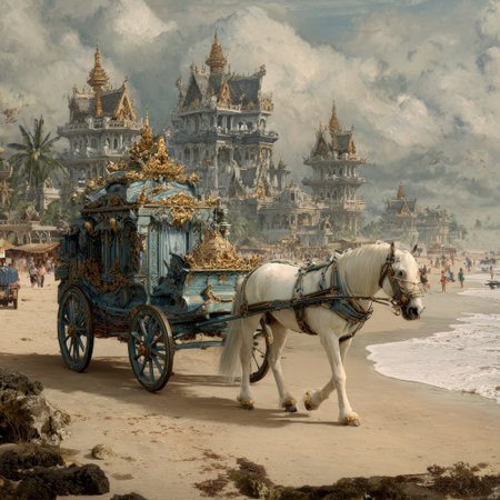 An ornate horse-drawn carriage stands on a sandy beach, pulled by a white horse. The scene features detailed architectural structures in the background, possibly palaces, under a bright sky. The composition displays a blend of fantasy and reality, suitable for various editorial and commercial applications. The style leans towards a blend of classic and modern artistic techniques.の素材