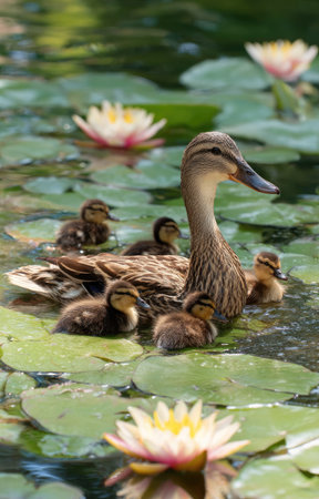 A female duck leads her ducklings across a pond, surrounded by lily pads and water lilies. The scene features natural light and a shallow depth of field, highlighting the birds and the water plants. The image has potential uses for nature, wildlife, or environmental projects.の素材