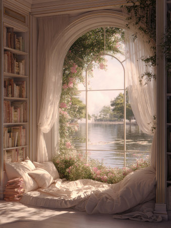 An inviting window seat overlooks a serene lake framed by a decorative arch. Soft white curtains drape elegantly around the window, while climbing plants add vibrant color. The interior space features a comfortable seating area, inviting relaxation. Suitable for various editorial or commercial applications.の素材