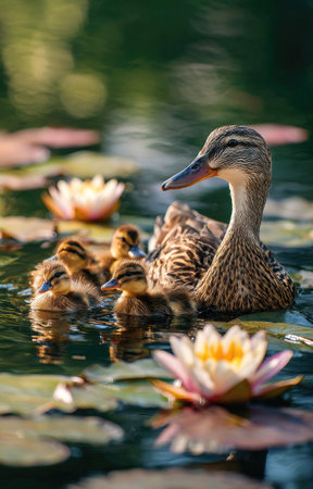 A mother duck and her ducklings swim amongst lily pads in a serene pond. The scene is illuminated by natural light, showcasing the ducks' textured feathers and the delicate petals of the water lilies. This image could be used for various commercial or editorial projects needing a peaceful scene.の素材