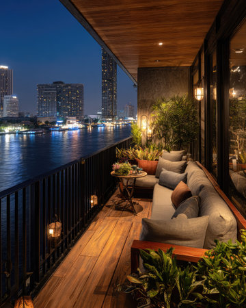 An inviting balcony features comfortable seating and lush greenery. The scene presents a dark, serene atmosphere with a river and city lights in the background. The composition highlights an indoor/outdoor design with a focus on textures. The image is suitable for various commercial uses, including interior design or lifestyle concepts.の素材