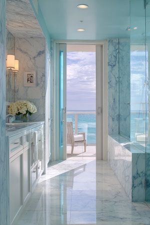 This image presents an elegant light blue marble bathroom, highlighted by a large window with an ocean view. Sunlight streams through the open doorway, illuminating the space. The composition features clean lines and a luxurious, modern style. Suitable for commercial and editorial applications, showcasing interior design or luxury themes.の素材