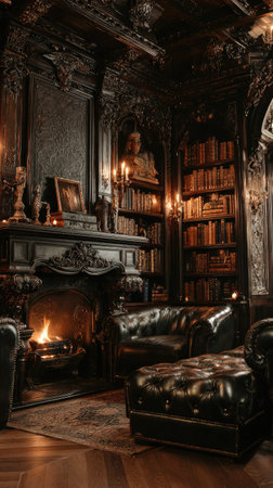 An interior showcases a classic library setting with a warm fireplace, illuminated by soft lighting. Bookshelves laden with books line the walls, accompanied by leather furniture. The composition emphasizes depth, with a focus on textures and tones. Suitable for various editorial and commercial applications related to interior design and literature.の素材