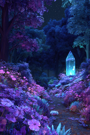 An illustration depicts an ethereal forest scene featuring a glowing crystal. Deep shades of purple and blue create a mystical ambiance. The composition highlights a path leading towards the crystal, surrounded by lush flora. Suitable for fantasy-themed designs and editorial uses.の素材