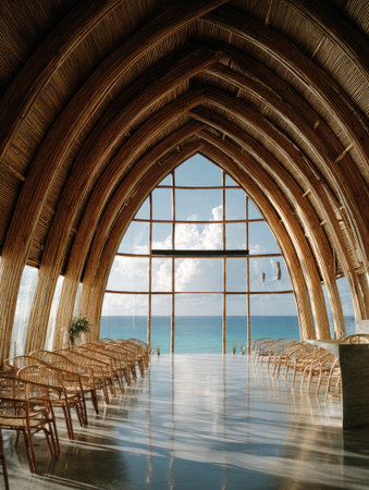 An interior space features a wooden arched ceiling and large windows offering a view of the ocean. The scene showcases rows of chairs, a reflective floor, and soft natural light. This architectural design could be used for various purposes including editorial and commercial projects.の素材