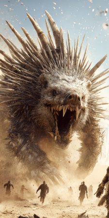 A fantastical creature with a spiky exterior and menacing teeth dominates the scene. Silhouettes of figures run in the foreground against a hazy, sandy backdrop. The image features a harsh, indirect lighting, with tones of brown and grey. This could be used for fantasy book covers, gaming assets, or conceptual illustrations.の素材