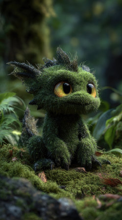 A charming fantasy creature is depicted in a close-up shot, exhibiting a soft, textured appearance reminiscent of moss. The creature, with striking yellow eyes, is situated in a verdant, moss-covered environment. This image could be suitable for various creative projects, including digital art or illustrations, for both commercial and editorial applications.の素材