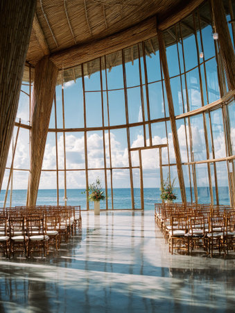 This image showcases a bright interior space with large windows overlooking the ocean. The architectural design features wooden beams, creating a natural feel. The composition includes rows of chairs and decorative plants, suggesting a gathering area. This photo could be used for advertising, editorial, or design purposes.の素材