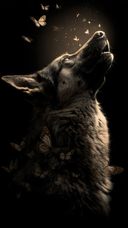 A majestic wolf is depicted in silhouette against a dark background, its head raised in a howl. Butterflies flutter around the wolf's head in this artistic illustration. The imagery uses a combination of light and shadow, highlighting the animal's form and evoking a sense of mystery. Suitable for various creative and commercial applications.の素材