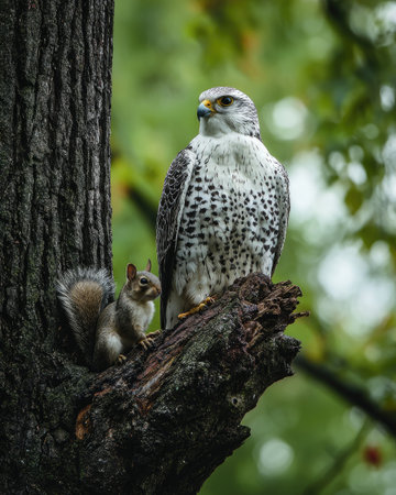 A falcon and a squirrel are seen perched on a tree branch, creating a moment of observation. The image presents a wildlife scene with a focus on natural interaction. The lighting suggests an outdoor setting, possibly during the daytime, and the composition allows for various uses in editorial and commercial projects.の素材