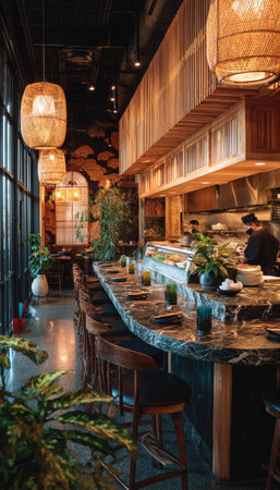 An inviting restaurant interior showcases a bar with seating, a kitchen, and decorative hanging lights. The scene features wooden elements, lush plants, and a marble countertop. The image's warm lighting and composition suggest potential use for hospitality, culinary, or lifestyle content.の素材