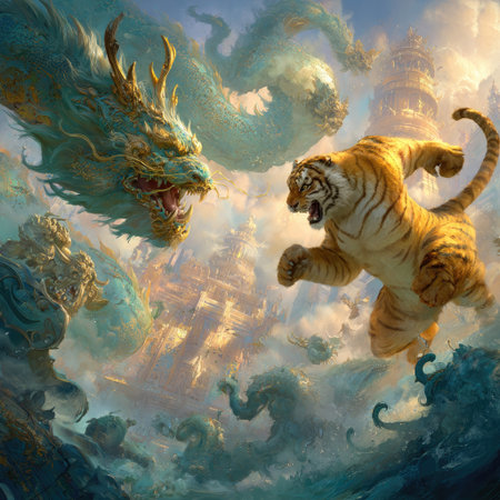 A dynamic composition depicts a tiger engaged in a confrontation with a dragon within a cloudy, ethereal environment. The artwork showcases vibrant colors, detailed textures, and dramatic lighting. The scene suggests a mythical context, suitable for illustrative purposes and editorial content.の素材