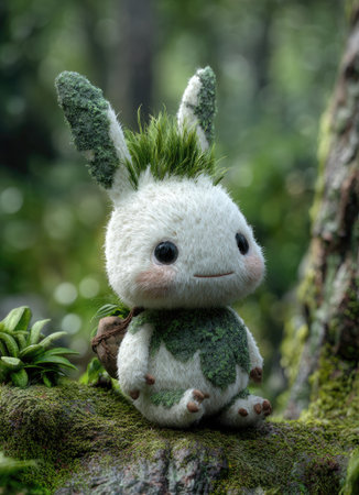 A whimsical plush toy creature is shown against a blurred forest backdrop. The toy features a white body with green accents and dark eyes. The composition highlights the soft texture of the toy contrasting with the natural environment. Suitable for illustrations or designs promoting children's content.の素材
