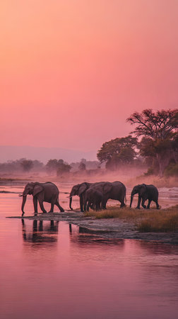 A group of elephants are seen near a river at sunset. The image displays silhouettes of the animals against a pink and orange sky. The scene is illuminated by soft light, giving a peaceful feeling. This image is suitable for use in travel publications or nature-related projects.の素材