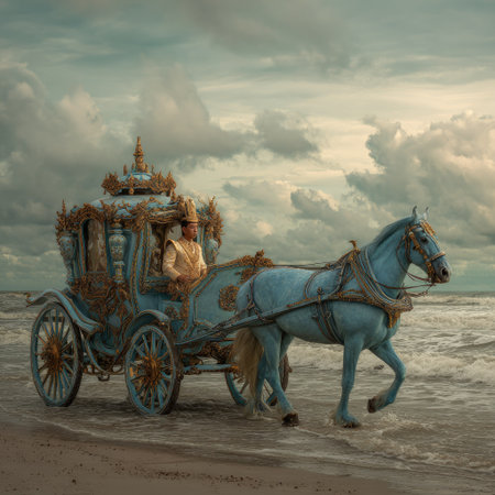 An ornate carriage, drawn by a single blue horse, is depicted traversing a sandy beach. The image showcases a muted color palette, primarily blues and browns, with soft lighting and a slightly blurred composition. The overall aesthetic suggests a fairytale or historical theme, possibly suitable for editorial or artistic projects.の素材