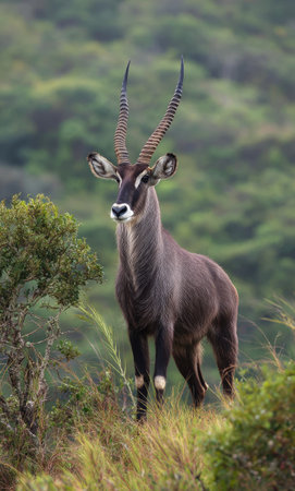 A majestic waterbuck is featured prominently, standing tall amidst a lush, green hillside. The animal showcases dark fur with contrasting white markings and impressive, curved horns. The composition is well-lit, providing a detailed view of its features. This image could be suitable for wildlife publications, educational materials, or nature-themed marketing campaigns.の素材