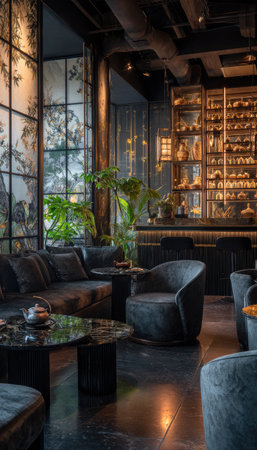 An interior space displays a lounge area with comfortable seating and a bar in the background. The scene features sofas and armchairs in muted tones, complemented by dark wood accents and decorative lighting. Natural light streams through large windows. Suitable for commercial projects or editorial use related to hospitality.の素材