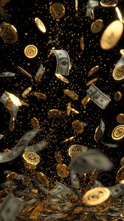 Image features coins and currency notes in mid-air against a deep black backdrop. The composition shows financial elements illuminated with warm lighting. The overall visual suggests prosperity. This image is suitable for use in business and financial illustrations, advertisements, and editorial content.の素材