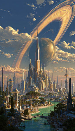 An imaginative cityscape dominates the scene, featuring numerous tall buildings and towers. The artwork showcases vibrant colors, with a focus on light and shadow. A large planet with prominent rings is visible in the sky above the city. This imagery is suitable for various creative projects and design applications.の素材