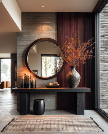 An interior shot showcases a sophisticated entryway. A large round mirror hangs above a console table adorned with decorative objects and a vase holding dried branches. The scene features warm tones, texture-rich walls, and natural light spilling in from a window. The image could be used for interior design projects or as a backdrop.の素材