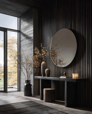 An interior space features a dark wood paneled wall and a matching console table. A large oval mirror and decorative vases adorn the console. Natural light streams in from a large window, illuminating foliage. Suitable for various commercial uses, this image has an upscale aesthetic.の素材