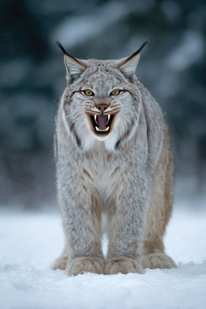 A lynx stands in snow, its mouth open in a display of teeth, captured against a soft blurred backdrop. The animal's fur is a mix of grey and brown, and its pose suggests alertness. The image utilizes natural lighting and a shallow depth of field, suitable for editorial or commercial applications.の素材